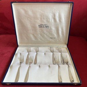 Antique Argento Italy Set of 8 - 800 Silver Pastry Dessert Forks - Original Case